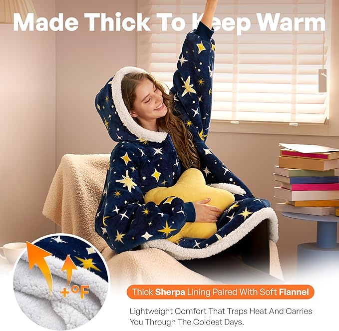 Giggling Getup Wearable Blanket Hoodie for Adults Gifts for Teen Girls Sister Women Sherpa Fleece Printed Hooded Blanket Sweatshirt Warm Cozy with Pocket & Sleeves Dark Blue Glowing Stars