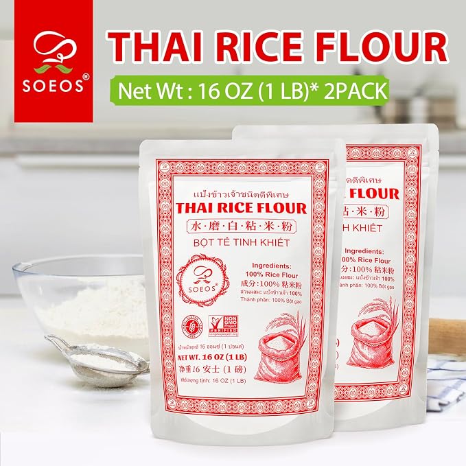 Soeos Rice Flour 32 Ounce (Basic), Rice Flour for Baking or Cooking | Vegan, Gluten-Free, Non GMO Rice Powder for Sourdough Bread, Resealable Bag, 1 Pound (Pack of 2)
