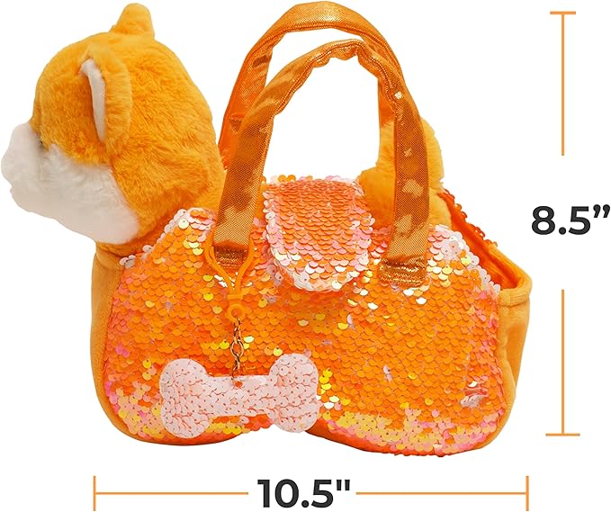 Little Jupiter Pet Plush Set with Purse w/Reversible Sequins & Charm - Stuffed Animal Toy for Kids Ages 4-7 - Stuffed Animal Purse - Stuffed Animals for Girls - (Orange Shiba Inu)