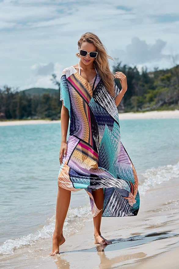 Venasha Womens Caftan Floral Print Kaftan Dress Short Sleeve Swimsuit Cover up Loungewear for Summer
