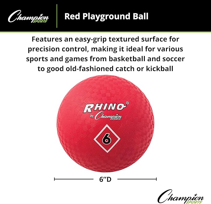 Champion Sports Playground Ball – High-Bounce 2-Ply Construction, Durable Red Ball for Throwing, Catching & Kicking - Multiple Sizes (5", 6", 7", 10", 13", 16")
