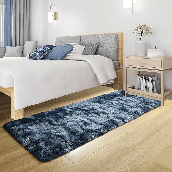 Tepook Soft Runner Rugs for Bedroom Living Room, Fluffy Plush Rug 2x6 for Kids Girls Room, Shag Furry Area Rug Non Slip Carpet for Nursery Children Dorm Home Decor, Tie-dye Dark Blue