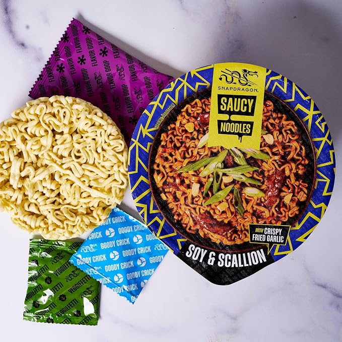 Snapdragon Saucy Instant Noodles with Soy Scallion Sauce - Quick Meal, Snack, and Lunch. 6-Pack Microwave Noodles for Cup, Bowl, Ramen or Asian Stir Fry