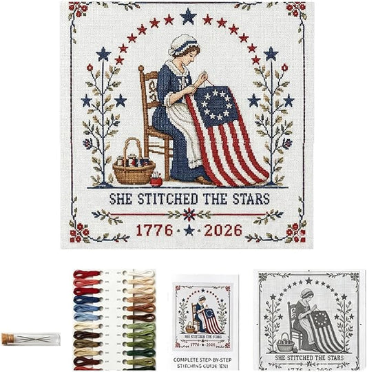 FRJINIE She Stitched The Stars Commemorative Cross Stitch Kit (B-Multi) | US 250th Anniversary Embroidery Kit, 1776-2026 Patriotic Cross Stitch Kits for Adults