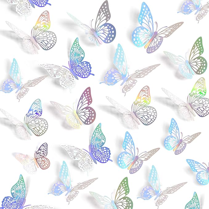 SAOROPEB 3D Butterfly Wall Decor 48 Pcs Laser Butterfly Birthday Decoration | 4 Styles 3 Sizes, Butterfly Party Decorations Cake Decorations, Removable Stickers