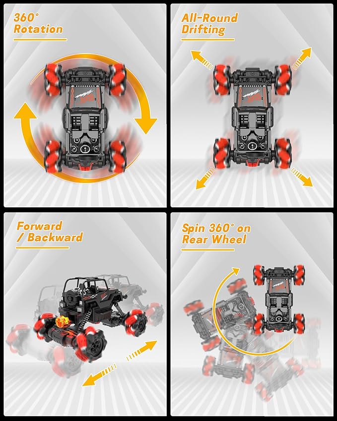 RC Stunt Car, Remote Control Car with 360° Rotation, Sideway Drift, Spray, All Terrain 4WD RC Stunt Hobby Cars for 6-12 Years Old Boys (Red)