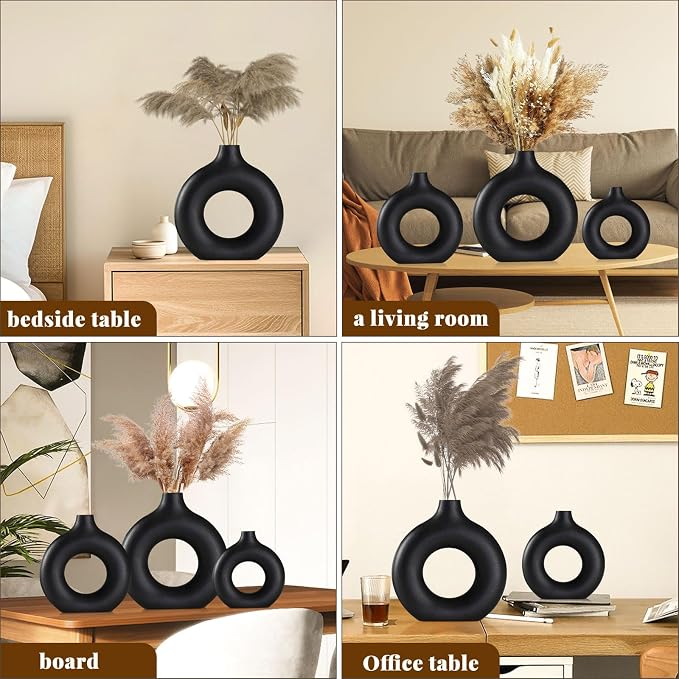 Black Ceramic Vases -for Modern Home Decor,Black Round Vase Set 3 Matte Design Minimalist Nordic Boho Style for Wedding Dinner Table Living Room Office Bedroom, Decorative Gift