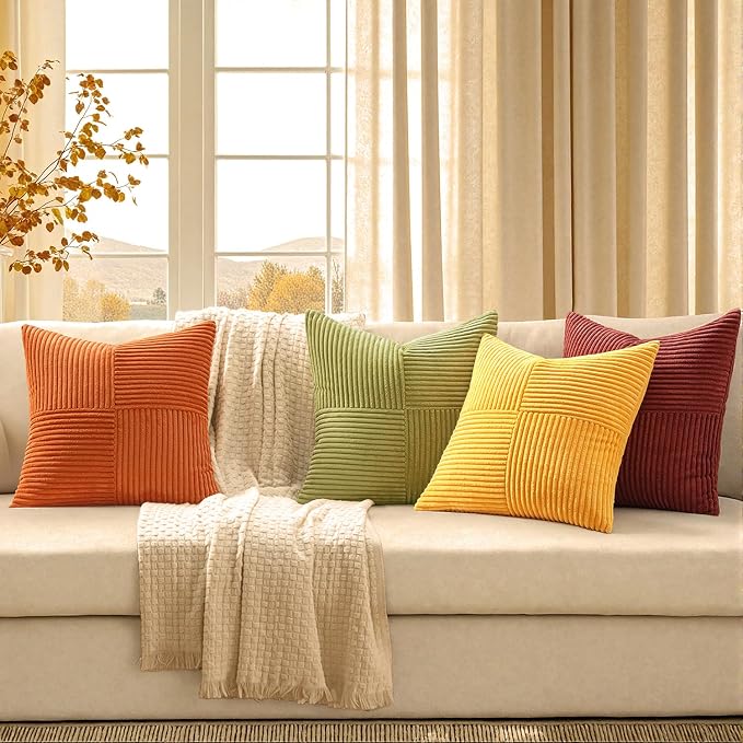 MIULEE Fall Yellow Orange Rust Throw Pillow Covers 18x18 Inch 4 Packs Boho Farmhouse Decorative Color-Clash Pillow Cases Soft Cushion Cases for Couch Sofa Bed Corduroy Striped Home Decor