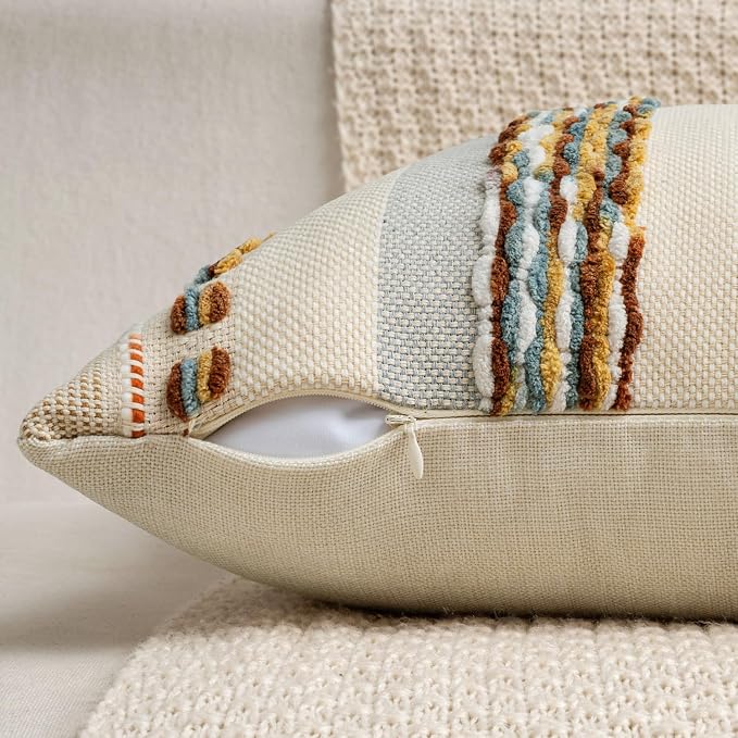 ANRODUO Boho Decorative Throw Pillow Covers 18x18 Inch Rust Blue Pack of 2 | Throw Pillow Covers, Farmhouse Cushion Case, Chenille Pillow Cases, Pillow Covers, Accent Neutral Pillowcase for Sofa Couch