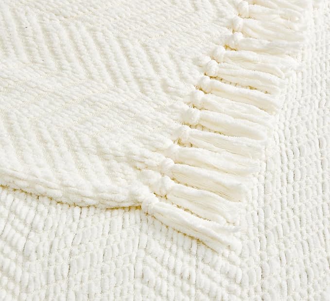 CREVENT 50"X60" Farmhouse Breathable Soft Chenille Knitted Textured Throw Blanket for Couch Chair Bed, Boho Home Decor for Living Room (Ivory)