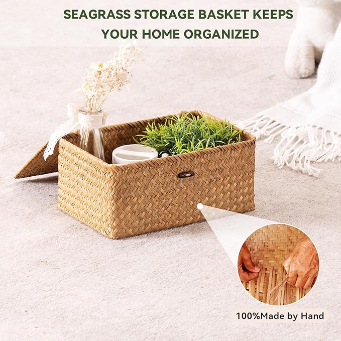 Nonam Small Basket with Lid, Natural Seagrass Bin with Lid, Shelf Baskets Multipurpose Container for Boho Decoration, Rectangular Household Storage Boxes for Home Organization-Natural