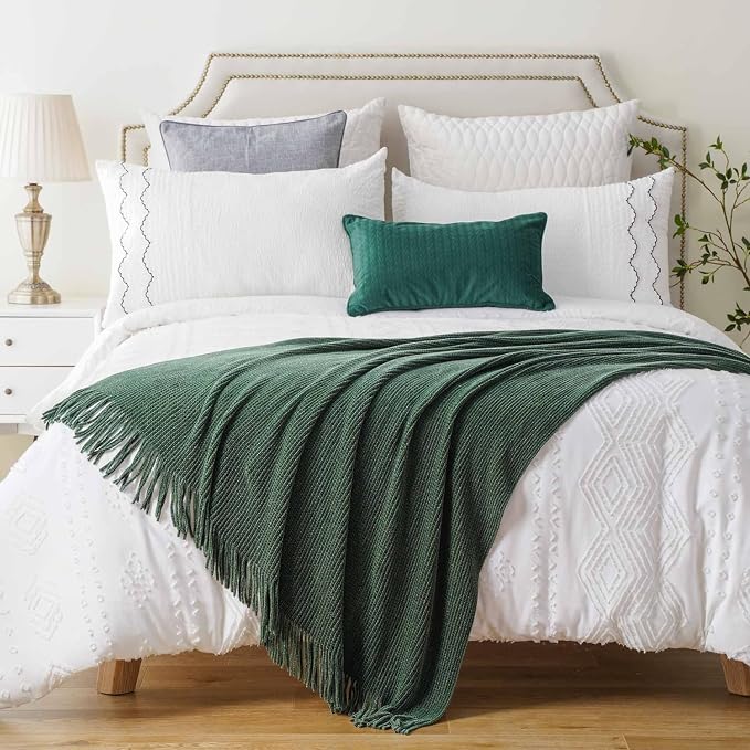 BATTILO HOME Dark Green Throw Blanket for Couch, 60"x80" | Soft Chenille Knit Throw Blanket with Tassels for Christmas Decor, Christmas Green Blanket for Bed Couch Cover