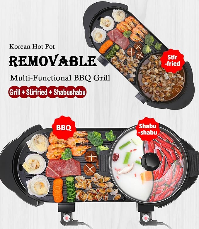 Hot Pot with Grill, Electric Hot Pot 2 in 1 Shabu Shabu Hot Pot Korean BBQ Grill, Removable Hotpot Pot 1200W / Large Capacity Baking Tray, Separate Temperature Control, Electric Grill for 2-12 People