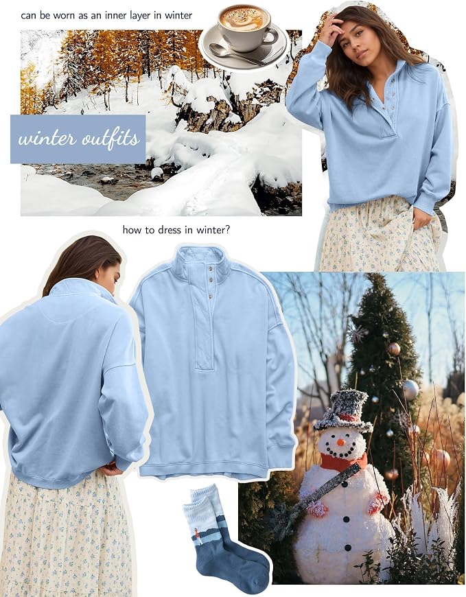Gacaky Sweatshirt for Women Oversized Casual Long Sleeve Button Henley Neck Pullover Tops Fashion Outfits Clothes
