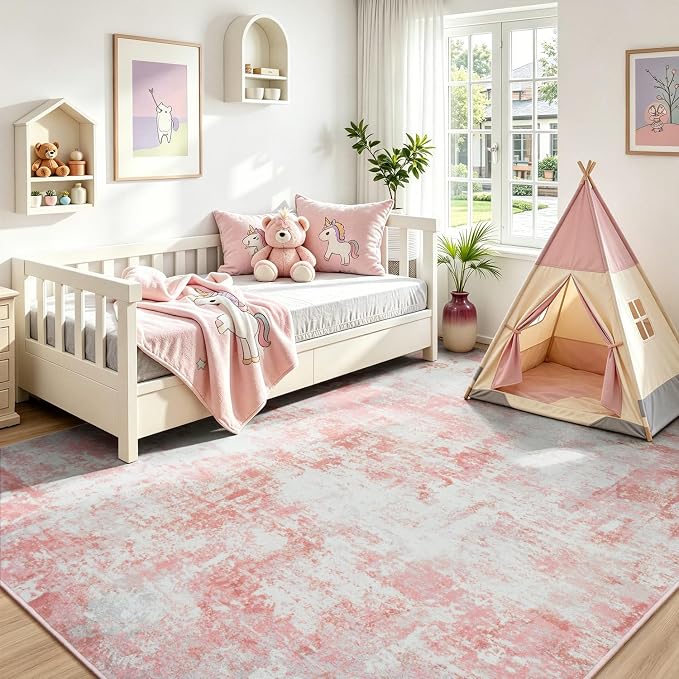 Rugflix 5x7 Area Rugs for Living Room, Washable Pink White Large Rug | Machine Washable; Stain-Resistant; Low Pile; Non-Slip; Modern Abstract; Carpet for Bedroom Dining Office Nursery Home