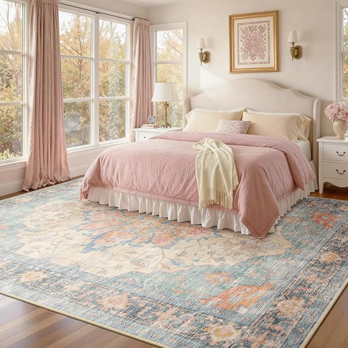 RELEANY Area Rugs 7'x10' Washable Non-Slip, Floral Vintage Distress Medallion Carpet for Living Room Bedroom Dining Room, Blue Orange Red
