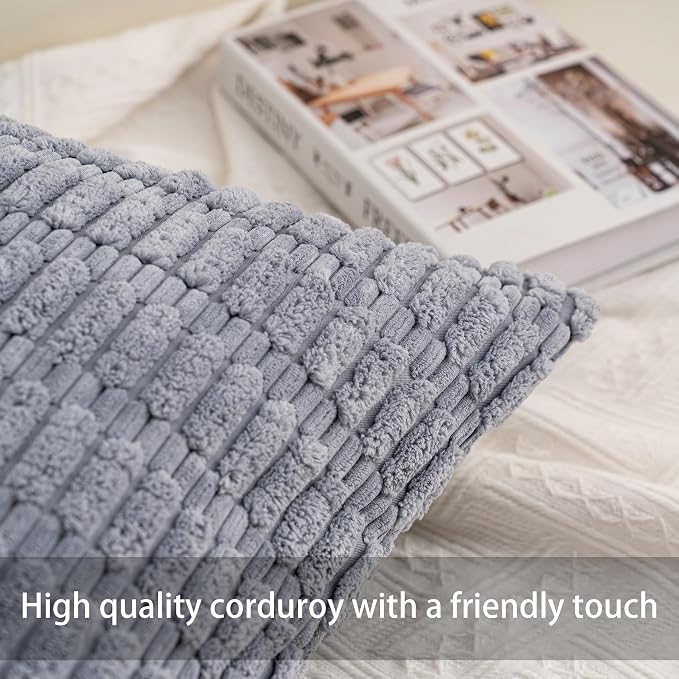 Pack of 2 Corduroy Decorative Throw Pillow Covers 20x20 Inch, Light Grey | Fall Soft Striped Pillow Covers Modern Farmhouse Home Decor Christmas Throw Pillow Covers for Sofa Living Room Couch Bed