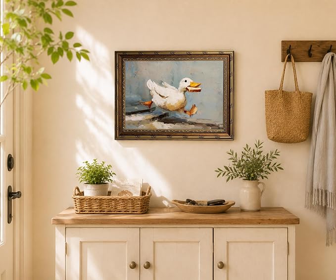 Gold Framed Funny Duck Wall Art Rustic Cottagecore Animal Wall Decor Print | Farmhouse Animal Painting Whimsical Duck Canvas Poster for Kitchen Bathroom Living Room Bedroom, 12x16 Inches