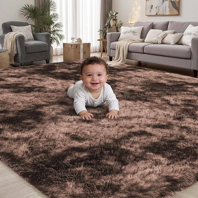 Area Rug for Living Room Bedroom: 9x12 Soft Fluffy Shag Upgrade Non-Slip High Pile Carpet Large Fuzzy Plush Indoor Floor Decor Shaggy Coffe Tie-Dyed Rug for Kid Boys Girls Playroom Nursery Modern Home