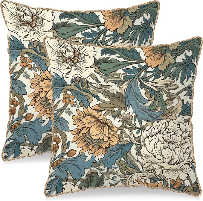 KSLIDS Vintage Flowers Soft Velvet Throw Pillow Covers Set of 2 Floral Plant Leaves Decorative Pillow Covers 20x20 Inch Yellow White Flowers Pillow Case for Sofa Couch Bedroom Farmhouse Home Decor