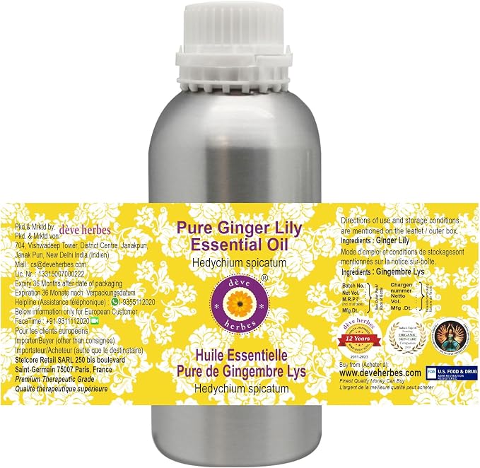 Deve Herbes Pure Ginger Lily Essential Oil (Hedychium spicatum) Steam Distilled 630ml (21 oz)