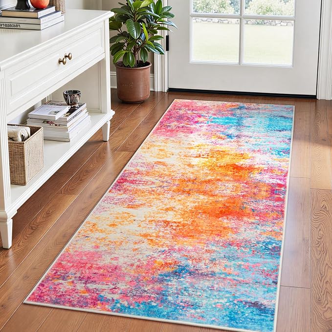 Rugflix 2x6 Runner Rug for Entryway, Washable Colorful Rainbow Runners | Machine Washable; Stain-Resistant; Low Pile; Non-Slip; Modern Abstract; Carpet for Entryway Kitchen Hallway Home