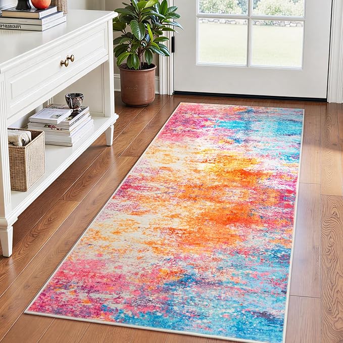 Rugflix 2x8 Runner Rug for Entryway, Washable Colorful Rainbow Runners | Machine Washable; Stain-Resistant; Low Pile; Non-Slip; Modern Abstract; Carpet for Entryway Kitchen Hallway Home