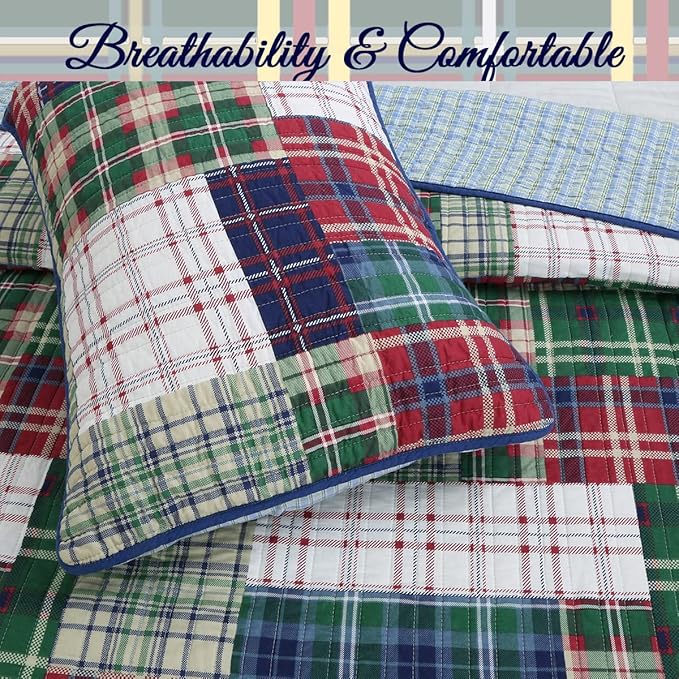 Cozy Line Home Fashions Nate Patchwork Quilt Set, Green Red Navy White 100% Cotton Reversible Coverlet Bedspread for Boy (Nate Patchwork, Queen - 3 Piece)
