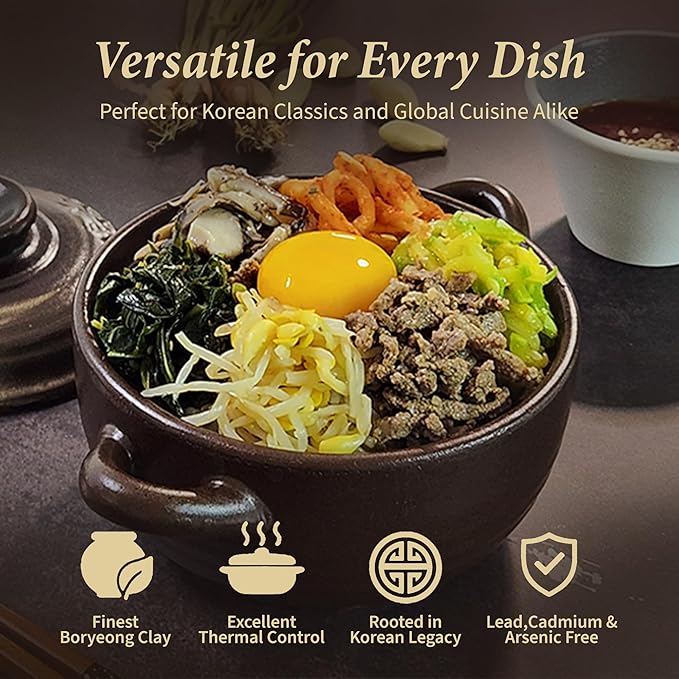 – 4-Pack Korean Clay Pots (17oz / 500ml) with Lids & Handles – Ttukbaegi Stone Bowls for Cooking Bibimbap, Donabe Style Korean Clay Cookware – Oven & Stovetop Safe