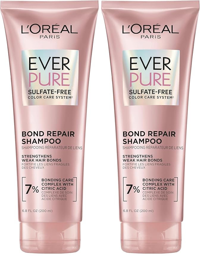 L'Oreal Paris Sulfate Free Bond Repair+ Shampoo,Hair Shampoo with Bond + Amino Acid Complex,Strengthens and Repairs Damaged or Color Treated Hair,EverPure,6.8 Fl Oz (Packaging May Vary),(Pack of 2)