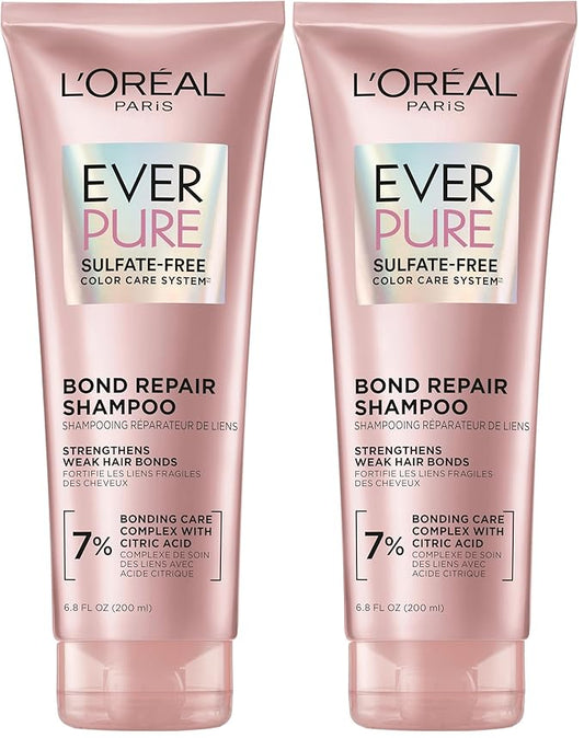 L'Oreal Paris Sulfate Free Bond Repair+ Shampoo,Hair Shampoo with Bond + Amino Acid Complex,Strengthens and Repairs Damaged or Color Treated Hair,EverPure,6.8 Fl Oz (Packaging May Vary),(Pack of 2)