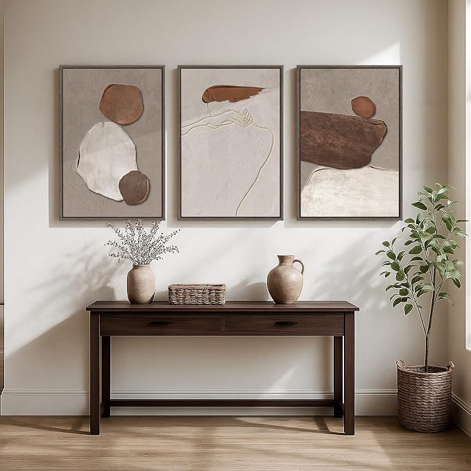 Large Framed Beige and Brown Neutral Abstract Wall Art, Set of 3, 20x30 In | Rustic artwork for walls, Canvas prints paintings, Minimalist stone pictures, Wall decor for living room hallway stair office