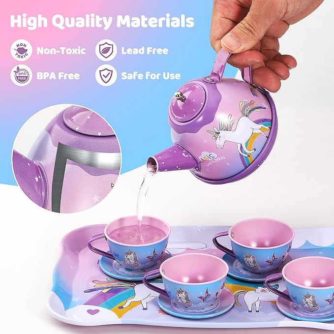 55Pcs Tea Party Set for Little Girls, Princess Tea Party Set, Unicorn Kid Tin Tea Set,Kids Kitchen Pretend Toy, Toddler Tea Party Set for Girl 3-5, Tea Party Easter Birthday Gift for 4 Year Old
