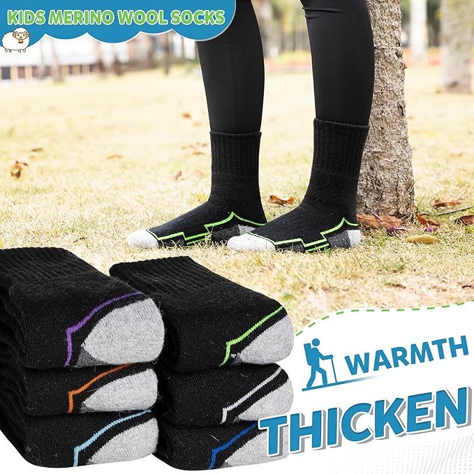 WEVIAS Kids Merino Wool Hiking Socks Boys Thermal Winter Cozy Boot Warm Cushion Socks 6 Pairs