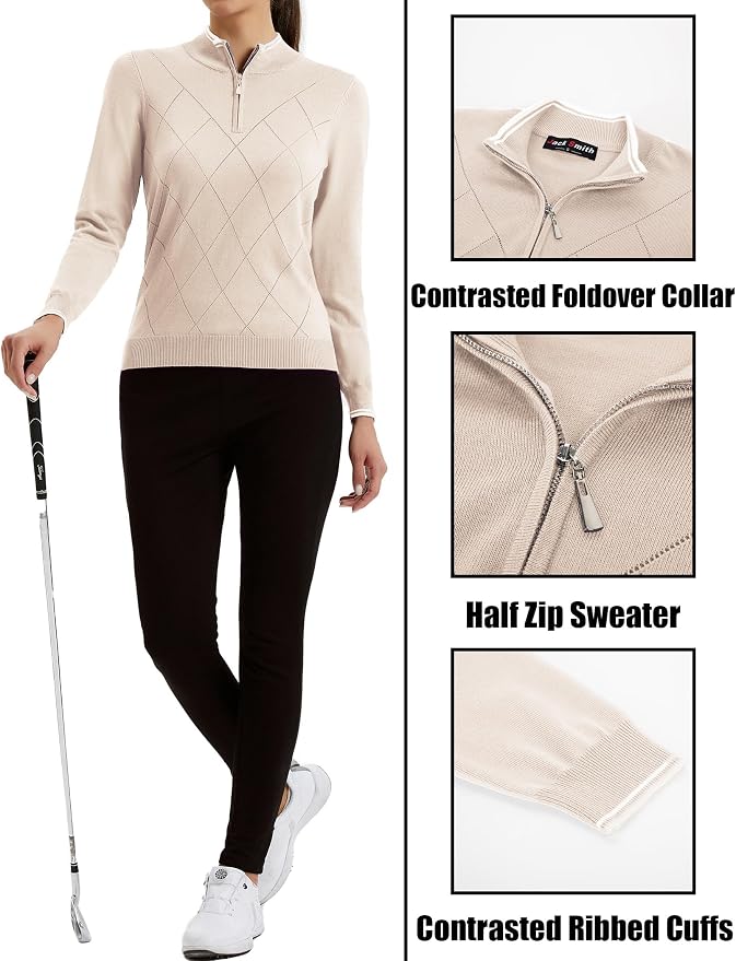 JACK SMITH Quarter Zip Pullover Sweaters for Womens, Rib Polo Sweater Tops | V Neck,Knit,Long Sleeve,Argyle,Open Pattern,Callar,Lightweight,Fashion,Golf Work Business Daily Wear Versatile Pullover Shirt