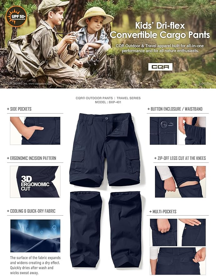 CQR Kids Youth Hiking Cargo Pants, UPF 50+ Quick Dry Convertible Zip Off Pants, Outdoor Camping Pants