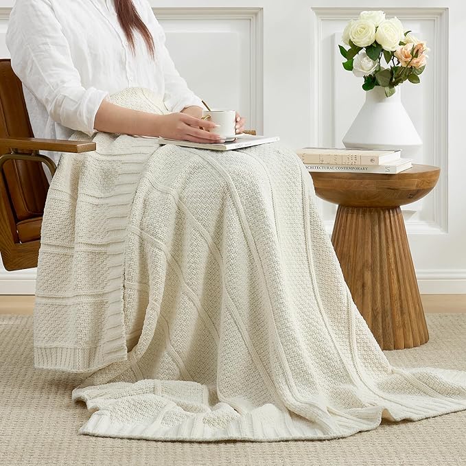 Amélie Home Premium Chenille Throw Blanket, Soft Cozy Moss Stitch Knit Blanket for Couch, Sofa, Chair, Home Decor, Ivory 50"x60"