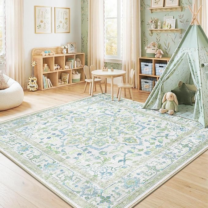 CAPALOCA Square 5ft Washable Nursery Girls Low Pile Area Rug Green Blue | Non-Slip Soft Rugs for Bedroom Kids Playroom Living Room, Print Pattern Water Repellent Carpet Indoor Decor