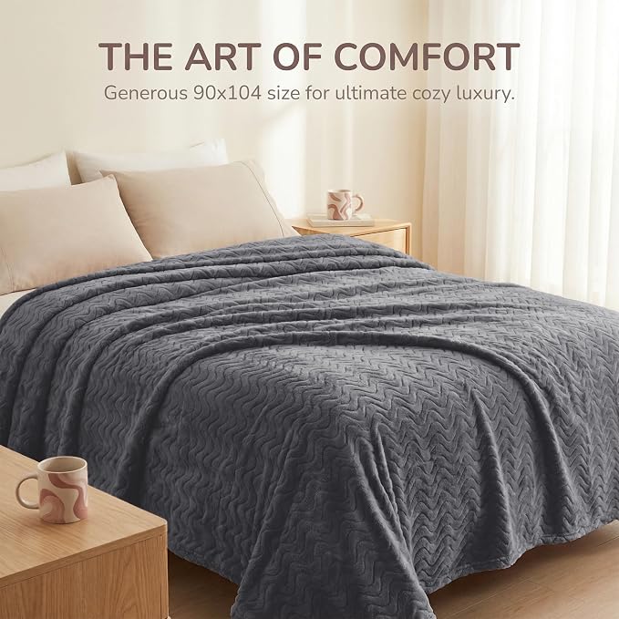 Exclusivo Mezcla Soft Fleece Blanket King Size for Bed, Sofa, Dark Grey | 90"x104" Breathable Lightweight Flannel Blanket for Summer, Plush Cozy Jacquard Wave for Home Decor