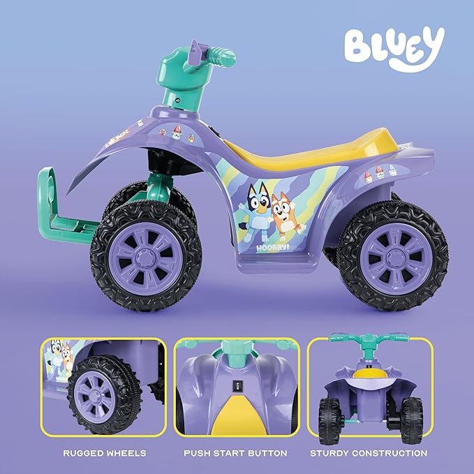 Bluey 6V ATV Quad for Kids - Powerful and Safe Ride-On Toy with Rechargeable Battery - Forward and Reverse Driving - Max Weight Capacity of 55 LBS - Ages 2-3 Years
