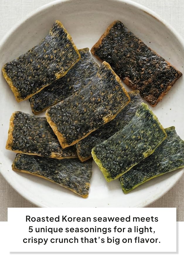 Korean Food Seaweed Nachos Variety Pack, 5 Flavor, Crispy Snack, 5 Pack | Variety pack featuring kimchi, sweet corn, BBQ, wasabi, and chili crab flavors