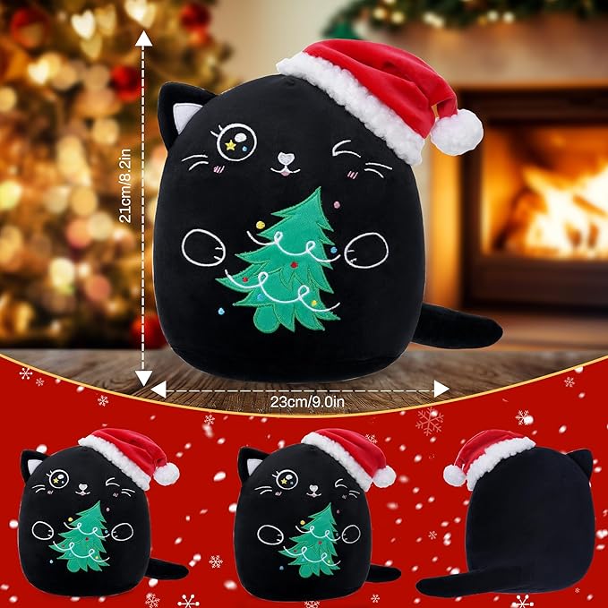 Christmas Cat Stuffed Animal: 8-Inch Cute Black Cat Plush Toy with Santa Hat and Christmas Tree Soft Christmas Plushies Pillow, Holiday Birthday Decoration Gifts for Kids Girls & Boys
