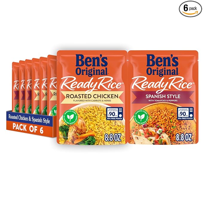 BEN'S ORIGINAL Ready Rice Roasted Chicken and Spanish Style Flavored Rice Variety Pack, Easy Dinner Sides, 8.8 OZ Pouch (Pack of 6)