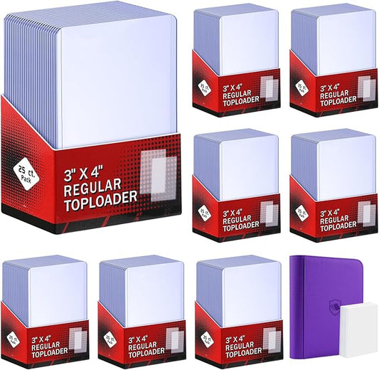 400 Card Sleeves Top Loaders for Cards Included 96 Pockets Top Loader Binder, 3" x 4" Baseball Card Protector Hard Plastic Card Holder for Sports Trading Cards (200 Toploaders + 200 Soft Sleeves)