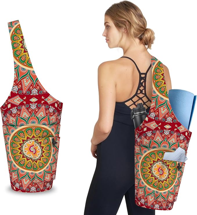 Mandala Yoga Mat Bag with Large Waterproof Zipper Pocket and Drawstring Pocket Long Tote Yoga Mat Carrier Holder Bags Fit Most Size Mats
