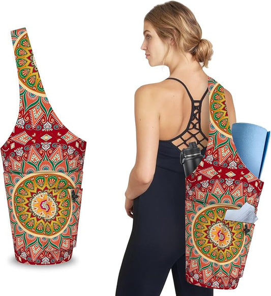 Mandala Yoga Mat Bag with Large Waterproof Zipper Pocket and Drawstring Pocket Long Tote Yoga Mat Carrier Holder Bags Fit Most Size Mats
