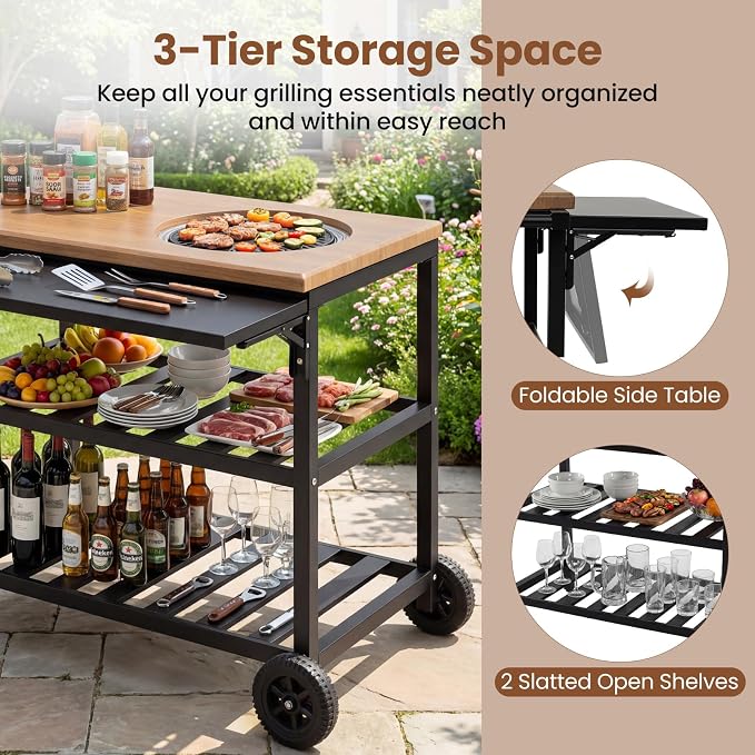 HAPPYGRILL Outdoor Grill Cart with Foldable Side Panel, 2 Storage Shelves | Movable Food Prep Table with Korean BBQ Charcoal Grill, Outside Pizza Oven Table for Patio Backyard Cooking BBQ