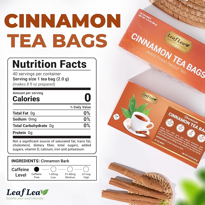 LeafLea Cinnamon Tea Bags, Bold Ground Cinnamon Spice, Sugar-Free, 80 Count | Naturally Sweet Single-Ingredient Spice, Caffeine-Free, Individually Foil-Wrapped For Fresh Aroma, Vegan, Non-GMO