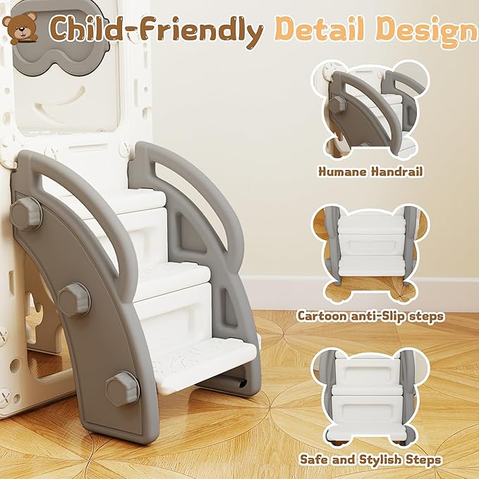 8-in-1 Toddler Slide, Indoor Slide for Toddlers Ages 1-3 and Indoor/Outdoor Play Set Playground with Storage, Climber, Telescope, Golf Set, Drawing Set, Basketball Hoop Bear Theme