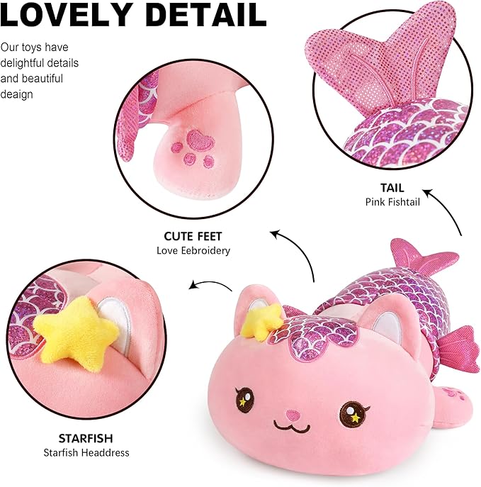 Onsoyours Cute Kitten Mermaid Plush Toy Stuffed Animal Kitty Soft Mermaid Cat Plush Pillow for Kids (Pink Cat Mermaid, 12")